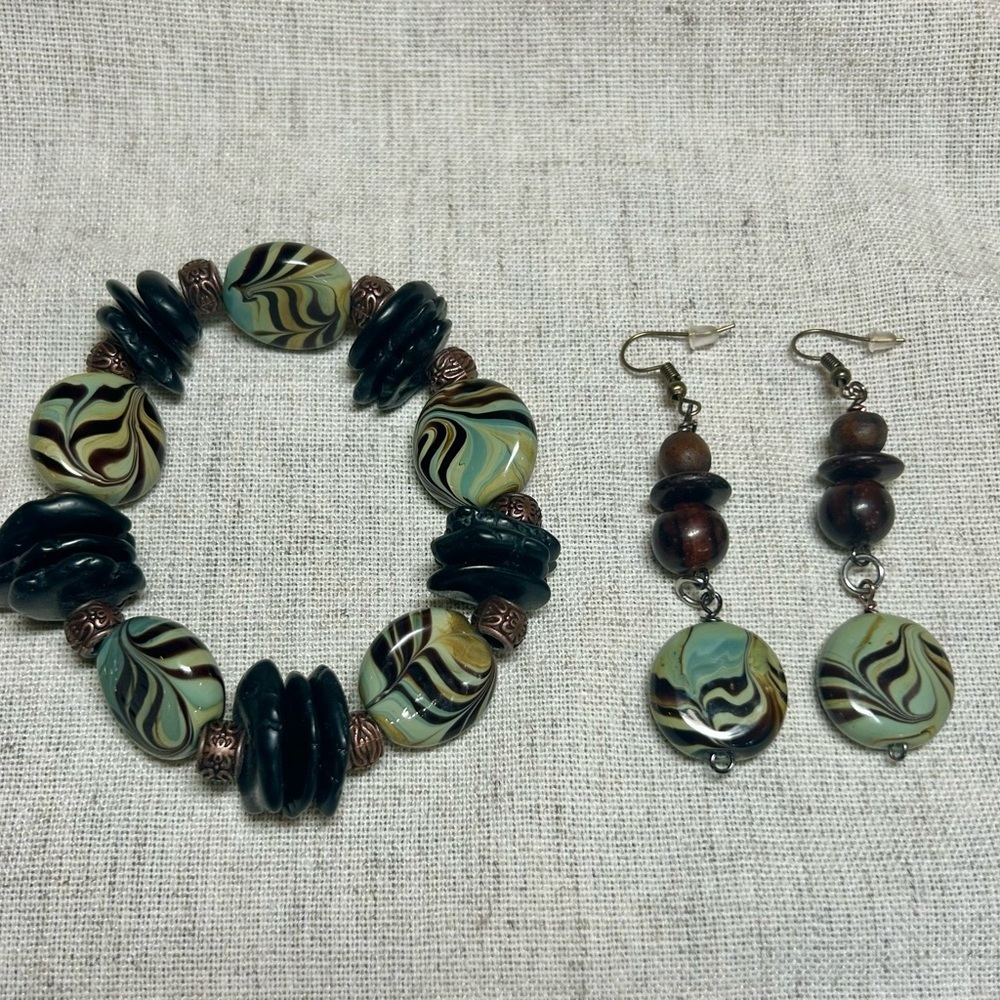 Handmade Boho Bracelet & Earrings Set | Earthy Green